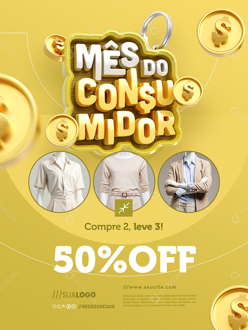 Mês do Consumidor Loja de Roupas Compre Dois Leve Três 50% Off Social Media PSD Editável