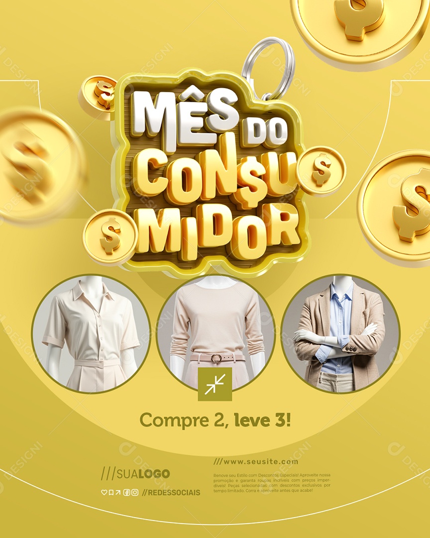 Mês do Consumidor Loja de Roupas Compre Dois Leve Três Social Media PSD Editável