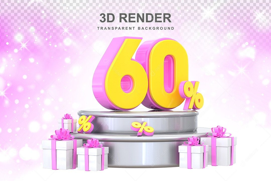 Número 3D 60% Rosa e Amarelo Elemento Para Composição PSD
