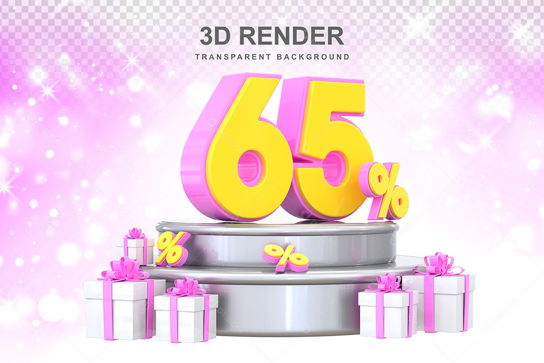 Número 3D 65% Rosa e Amarelo Elemento Para Composição PSD