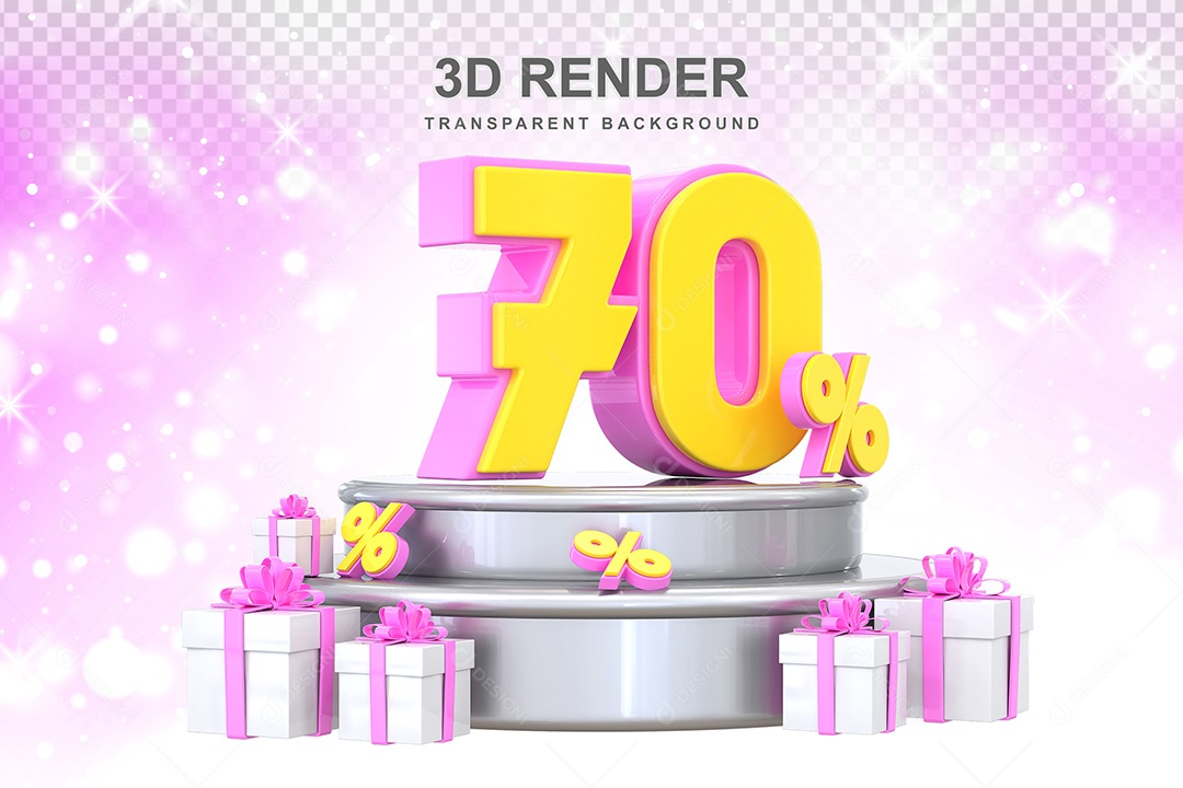 Número 3D 70% Rosa e Amarelo Elemento Para Composição PSD