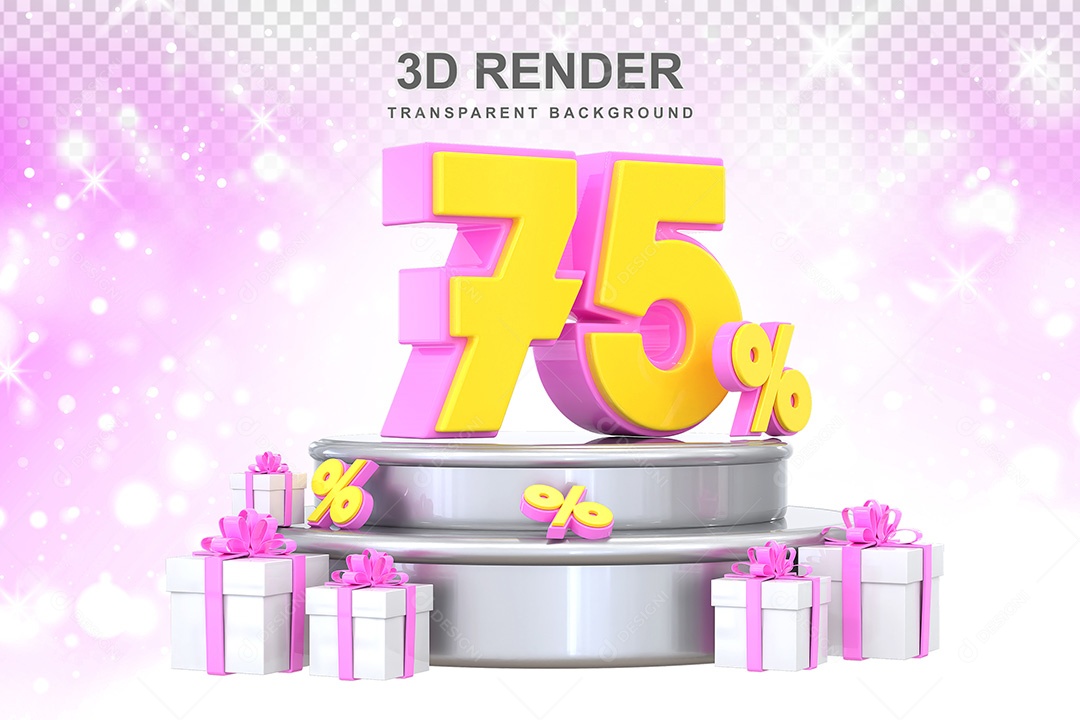 Número 3D 75% Rosa e Amarelo Elemento Para Composição PSD