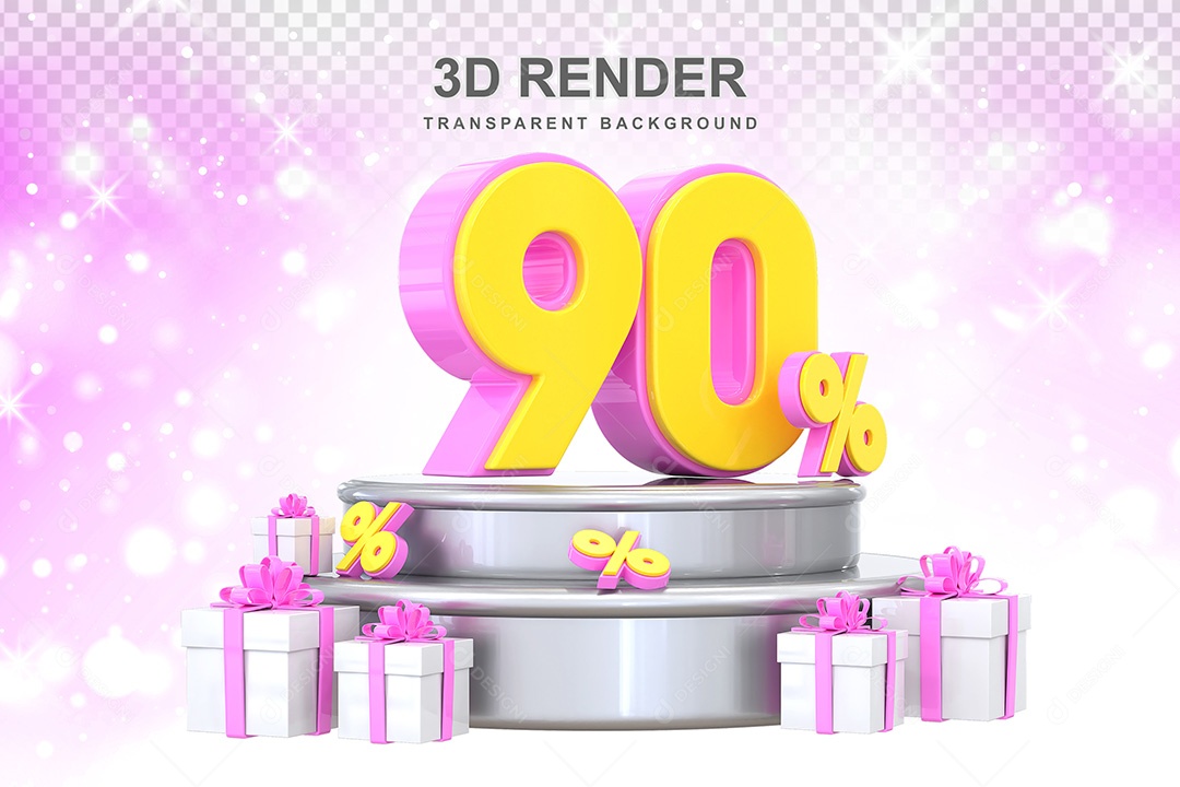 Número 3D 90% Rosa e Amarelo Elemento Para Composição PSD