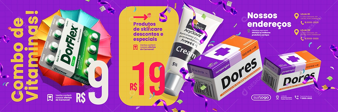 Carrossel Carnaval Farmácia Combo de Vitaminas Social Media PSD Editável