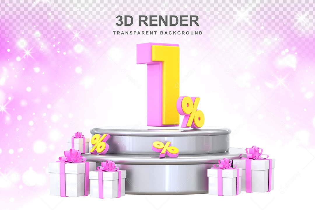 Número 3D 1% Rosa e Amarelo Elemento Para Composição PSD