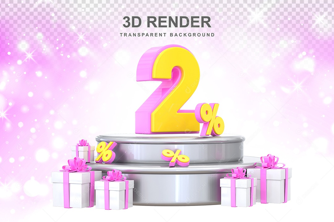 Número 3D 2% Rosa e Amarelo Elemento Para Composição PSD