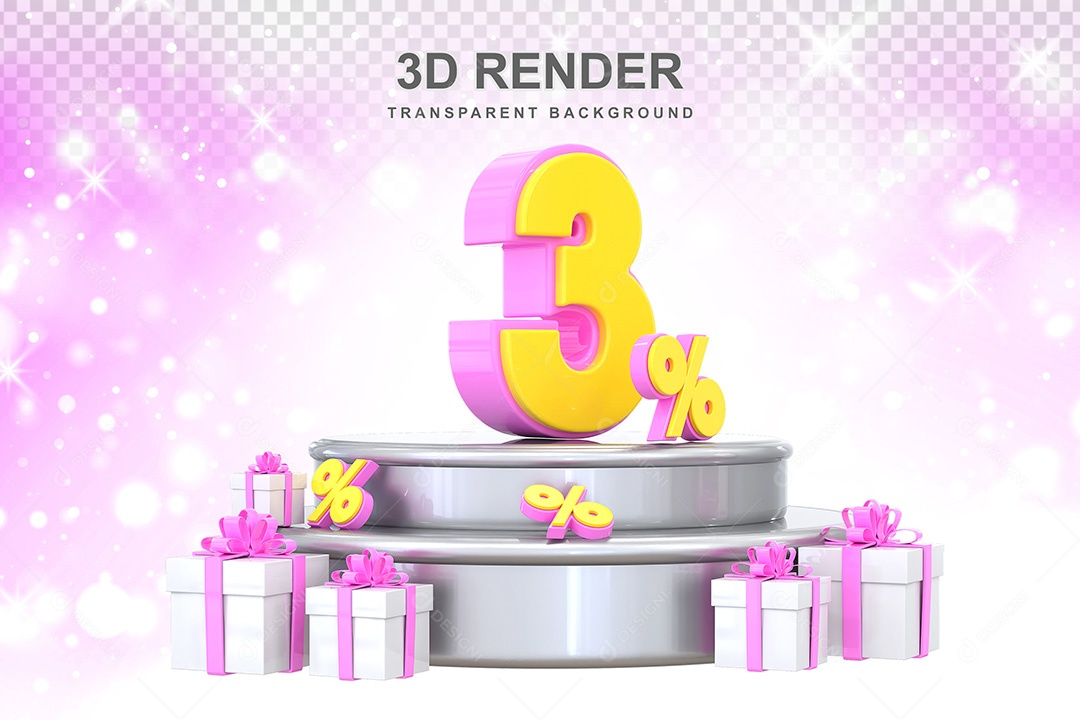 Número 3D 3% Rosa e Amarelo Elemento Para Composição PSD