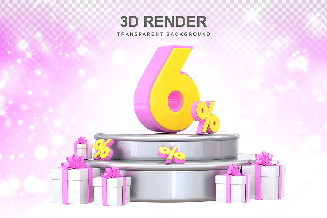Número 3D 6% Rosa e Amarelo Elemento Para Composição PSD