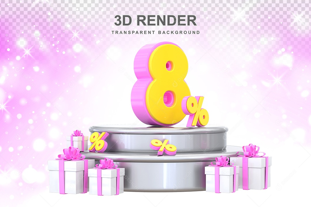 Número 3D 8% Rosa e Amarelo Elemento Para Composição PSD