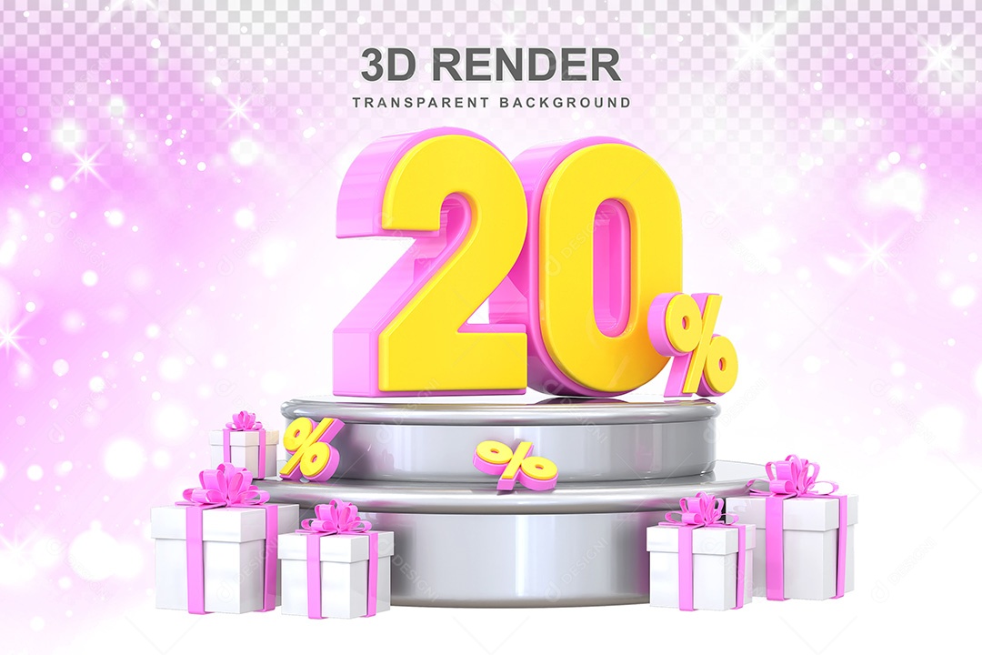 Número 3D 20% Rosa e Amarelo Elemento Para Composição PSD