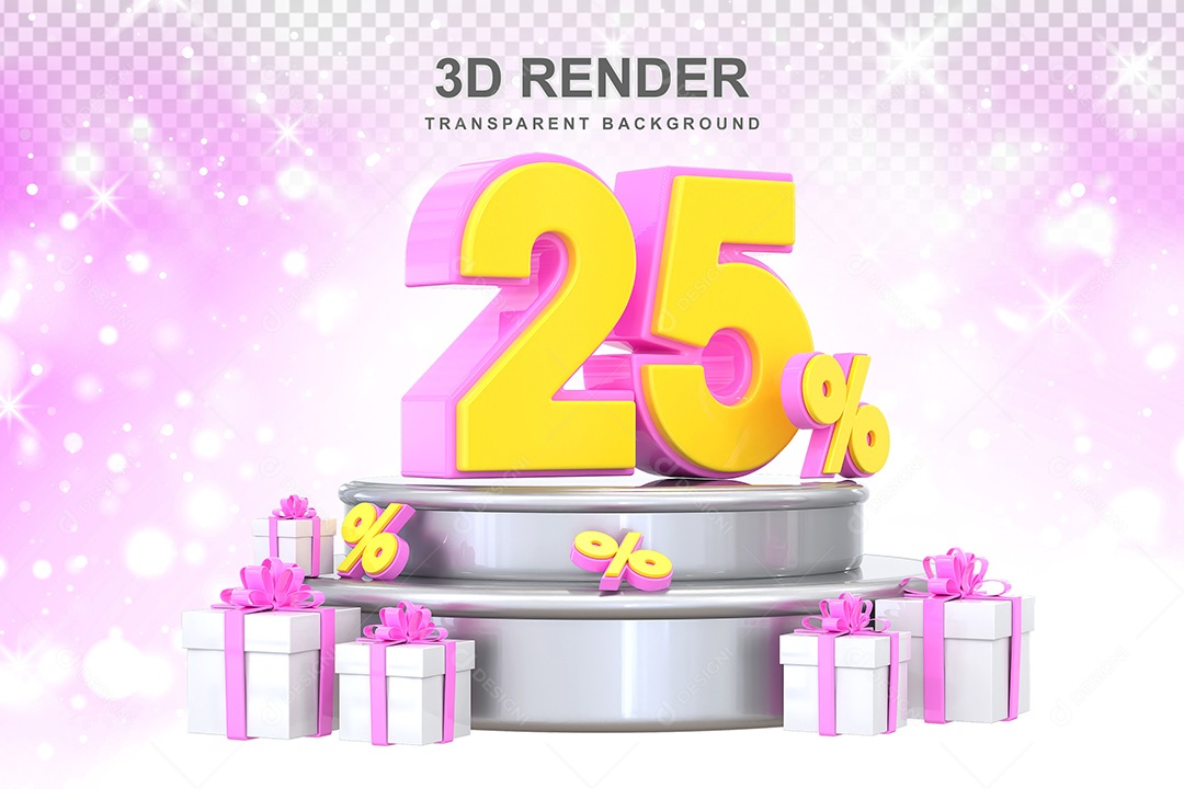 Número 3D 25% Rosa e Amarelo Elemento Para Composição PSD