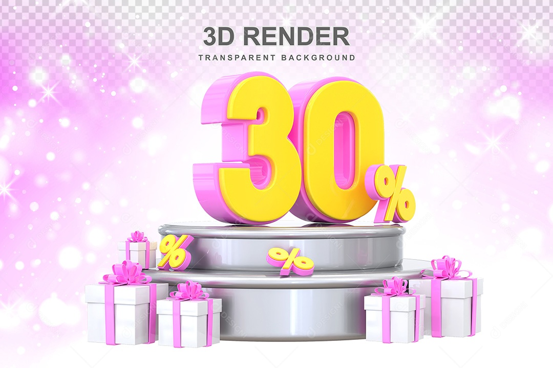 Número 3D 30% Rosa e Amarelo Elemento Para Composição PSD