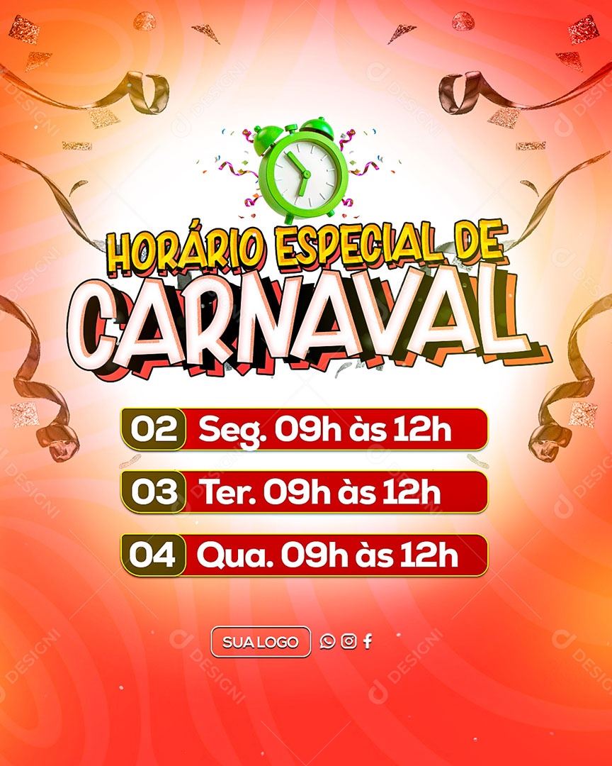 Horário Especial de Carnaval Social Media PSD Editável