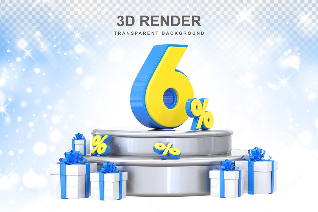Número 3D 6% Azul e Amarelo Elemento Para Composição PSD