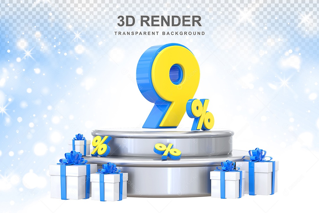 Número 3D 9% Azul e Amarelo Elemento Para Composição PSD