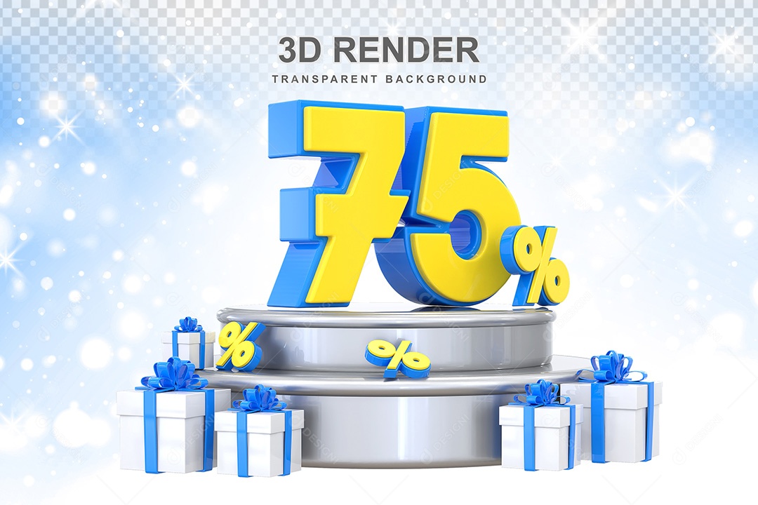 Número 3D 75% Azul e Amarelo Elemento Para Composição PSD