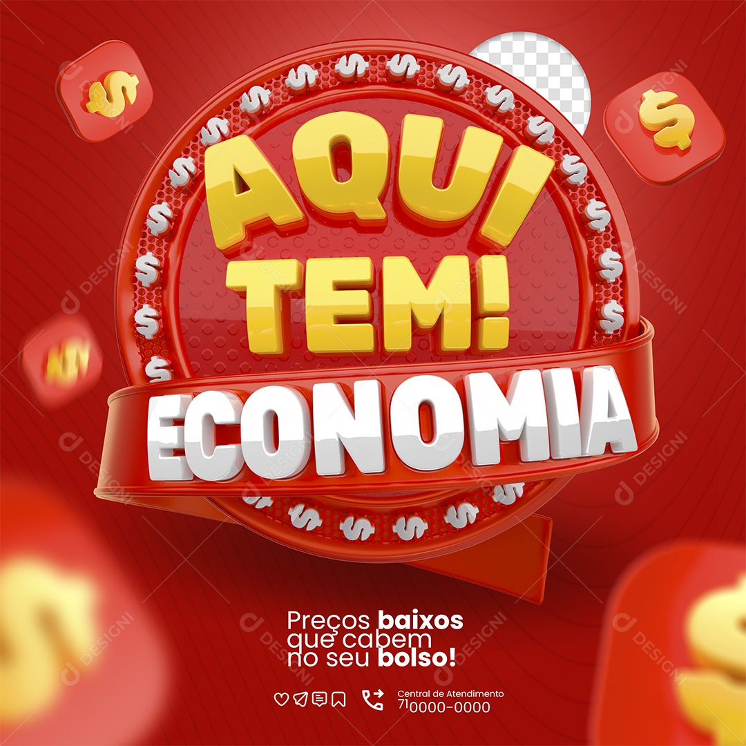 Aqui Tem Economia Selo 3D Vermelho Dourado e Branco para Composição PSD