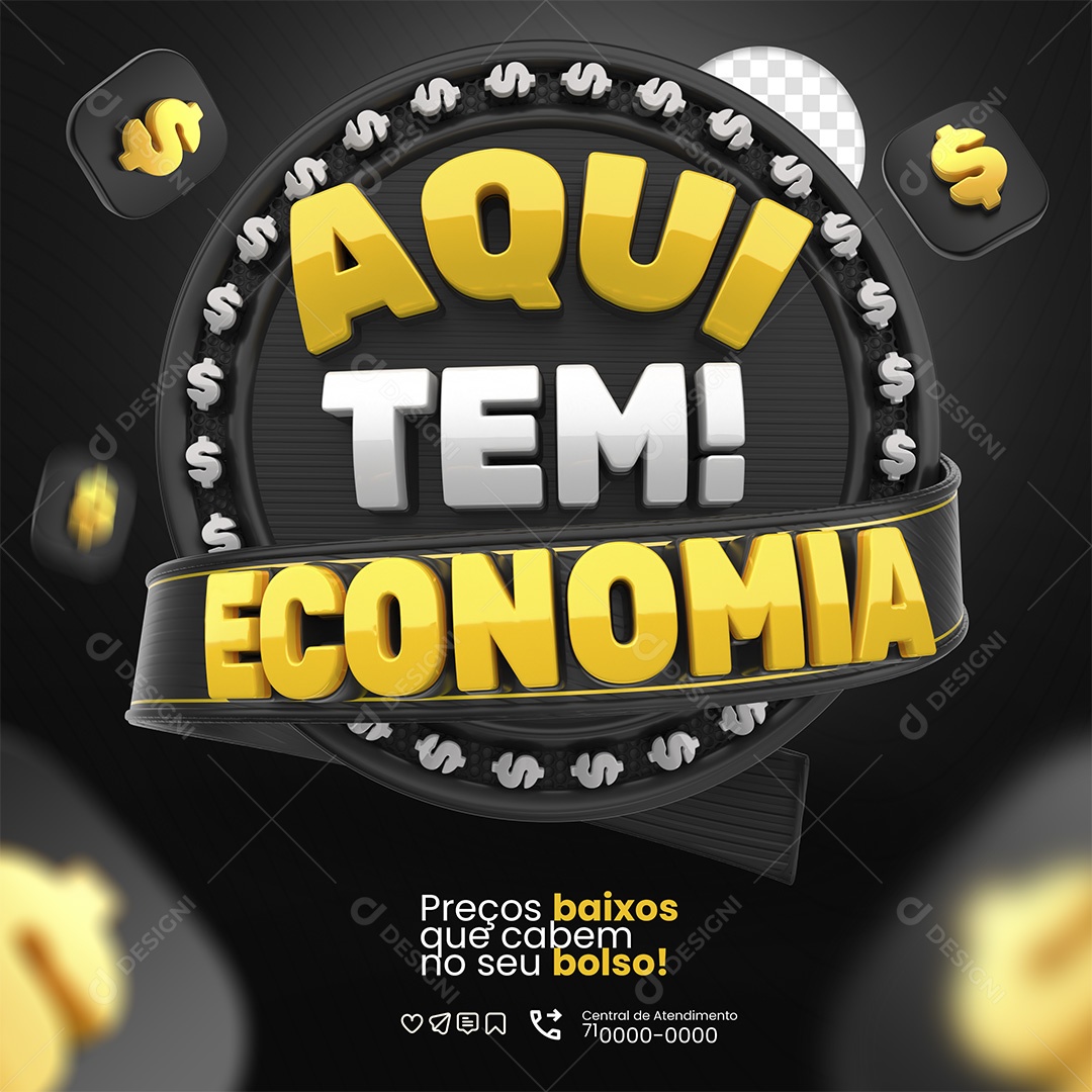 Aqui Tem Economia Selo 3D Branco e Dourado para Composição PSD