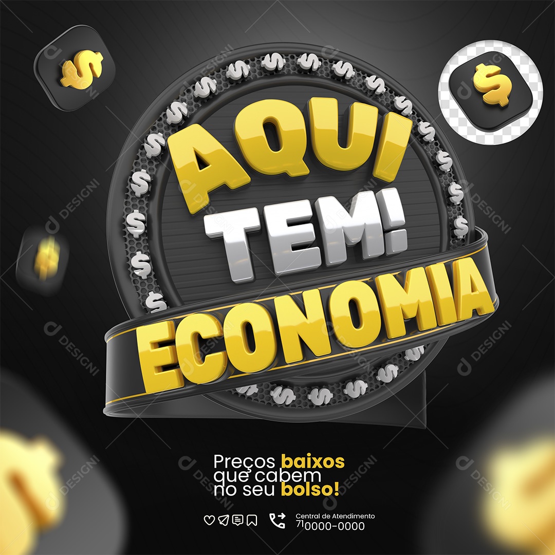 Aqui Tem Economia Selo 3D Branco e Dourado para Composição PSD