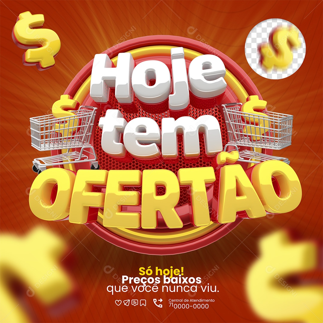 Hoje Tem Ofertão Selo 3D Vermelho e Dourado para Composição PSD