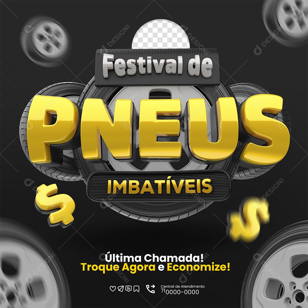Festival de Pneus Imbatíveis Selo 3D Dourado e Preto para Composição PSD