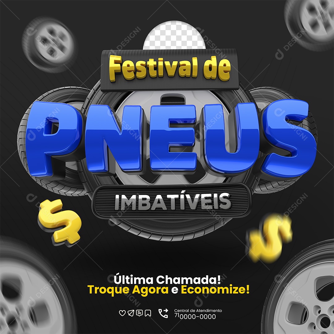 Festival de Pneus Imbatíveis Selo 3D Azul e Dourado para Composição PSD