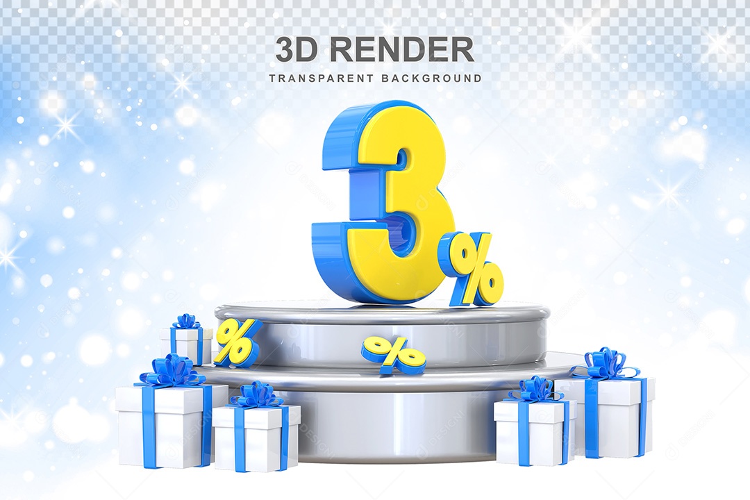 Número 3D 3% Azul e Amarelo Elemento Para Composição PSD