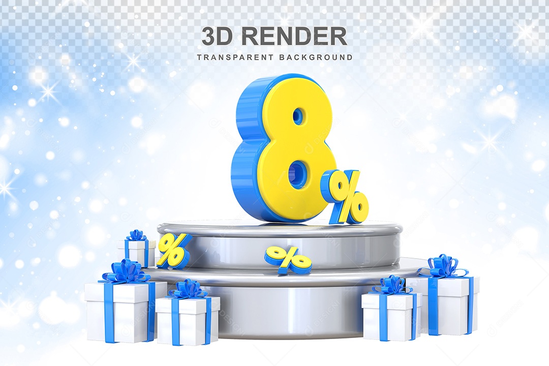 Número 3D 8% Azul e Amarelo Elemento Para Composição PSD