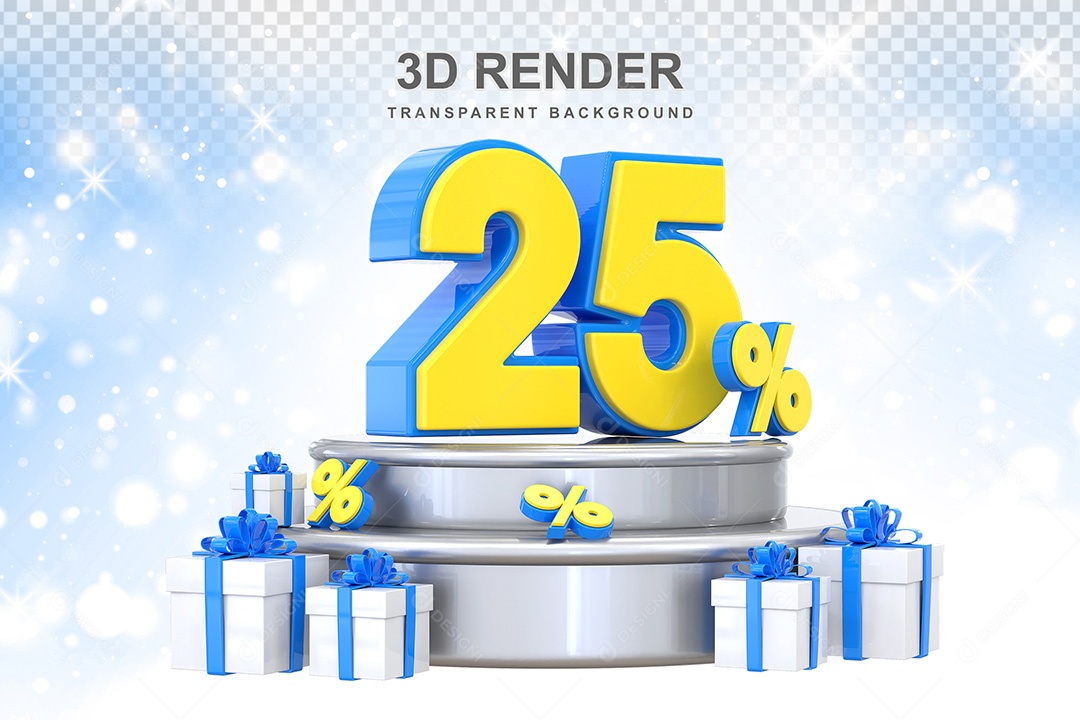 Número 3D 25% Azul e Amarelo Elemento Para Composição PSD