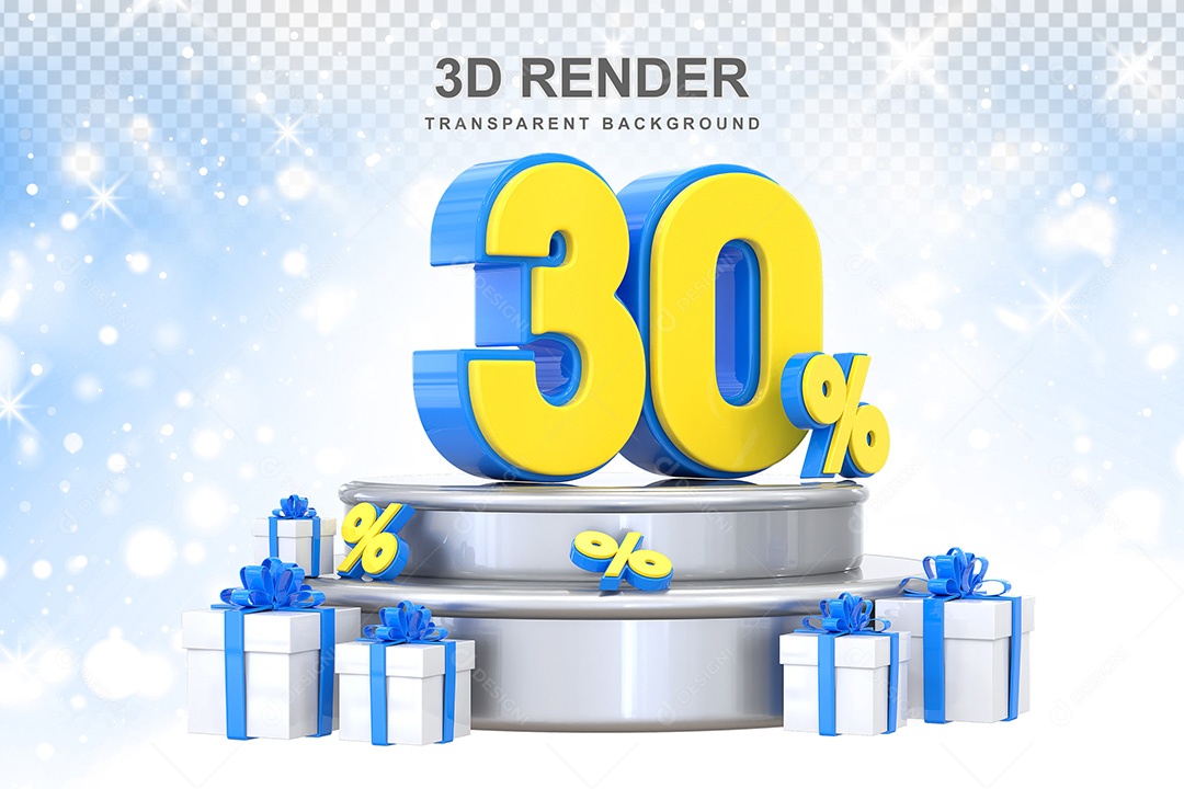 Número 3D 30% Azul e Amarelo Elemento Para Composição PSD