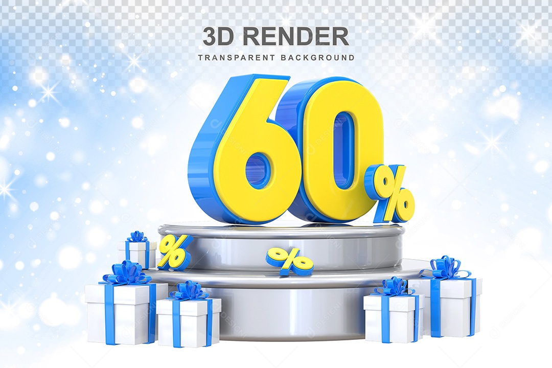 Número 3D 60% Azul e Amarelo Elemento Para Composição PSD