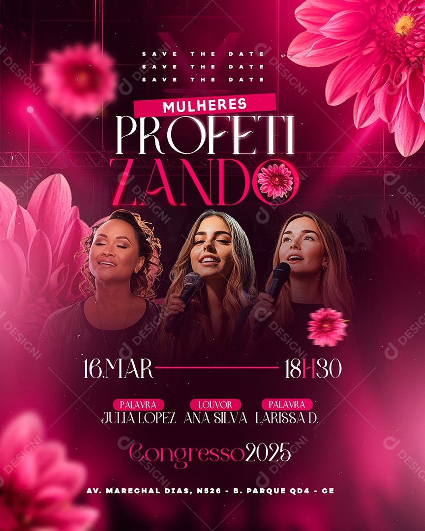 Flyer Gospel Mulheres Profetizando Social Media PSD Editável