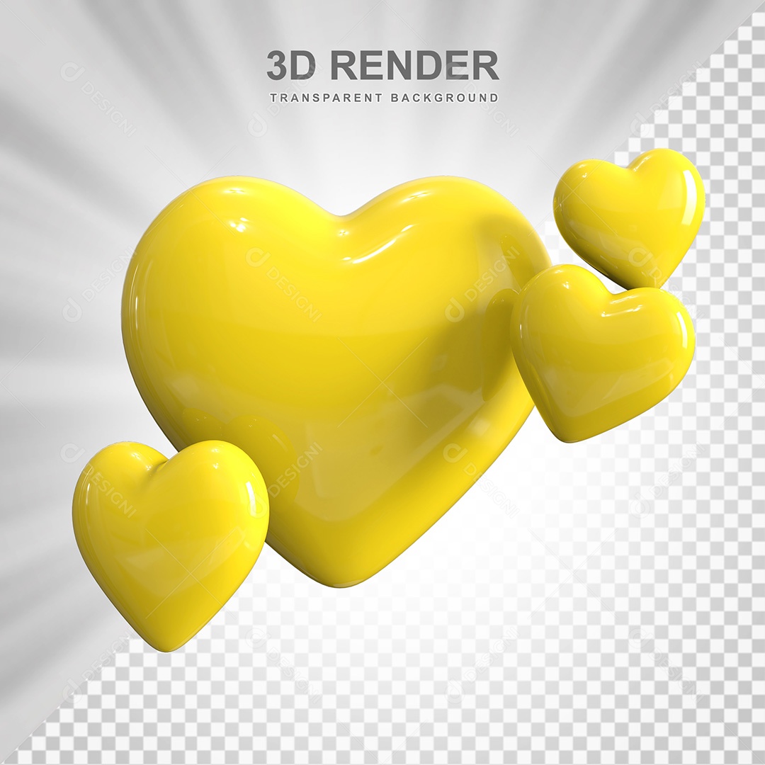 Elemento 3D Corações Amarelos Para Composição PSD