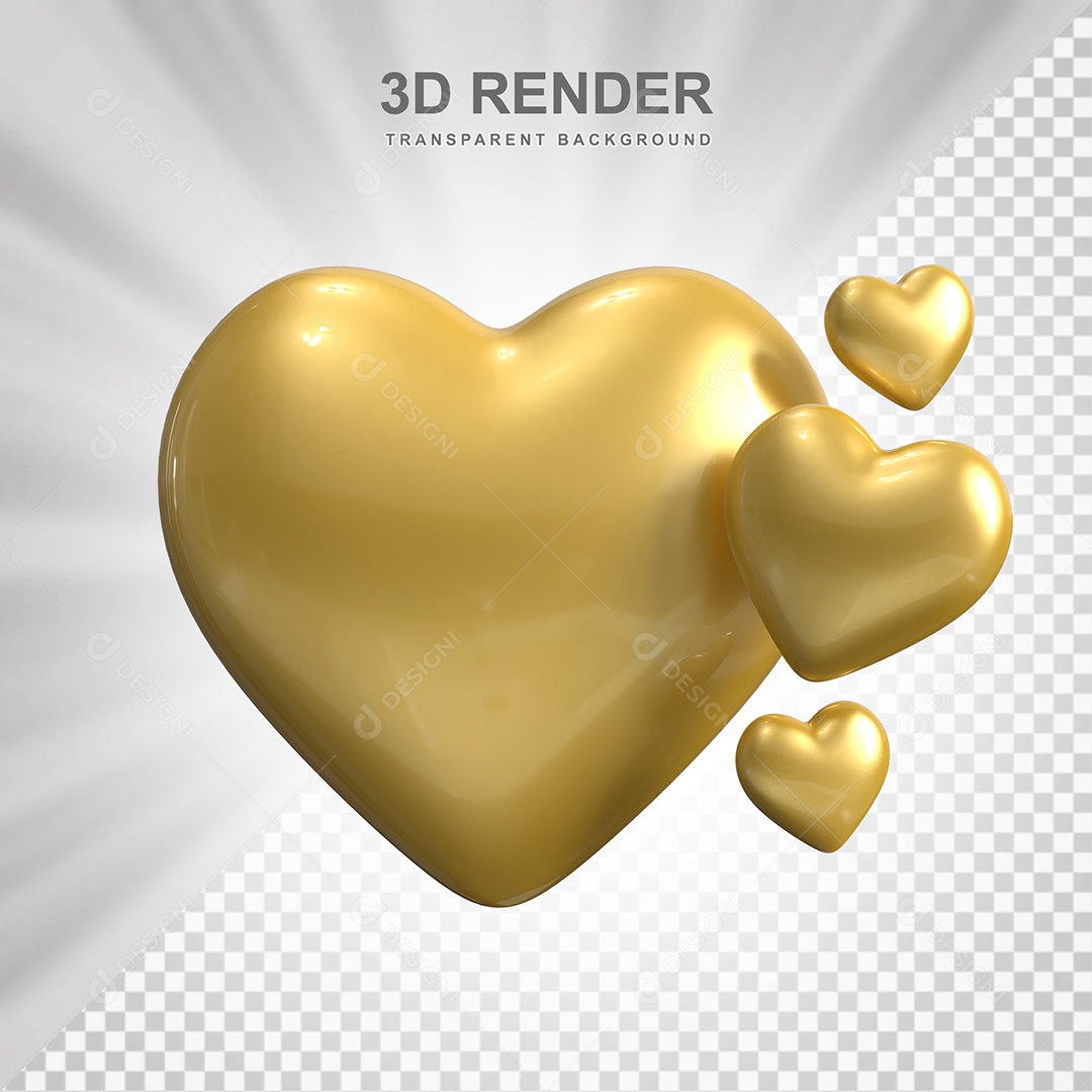 Elemento 3D Corações Dourados Para Composição PSD