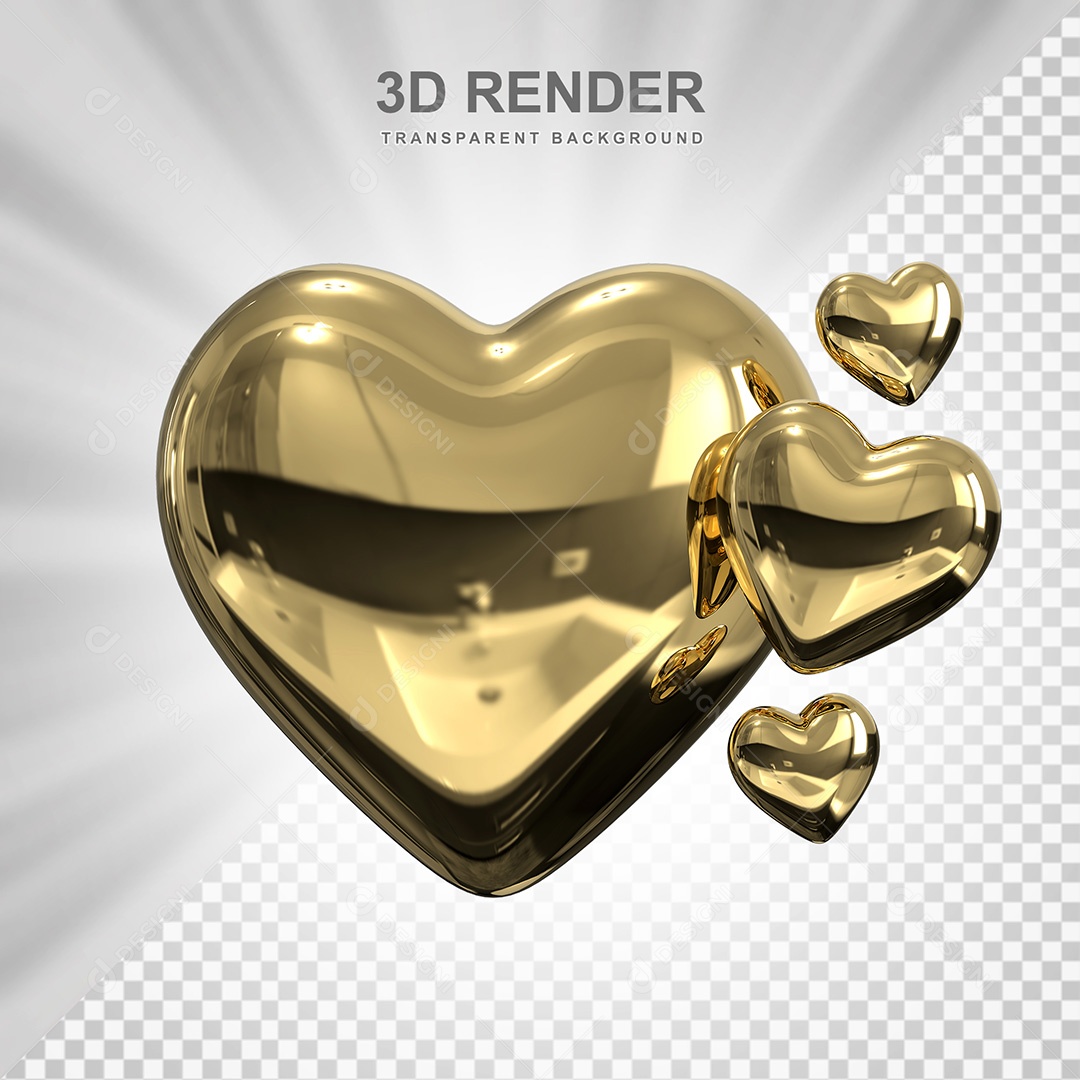 Elemento 3D Corações Dourados Para Composição PSD