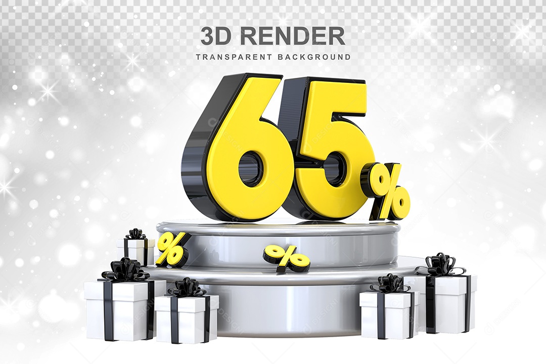 Número 3D 65% Preto e Amarelo Elemento Para Composição PSD