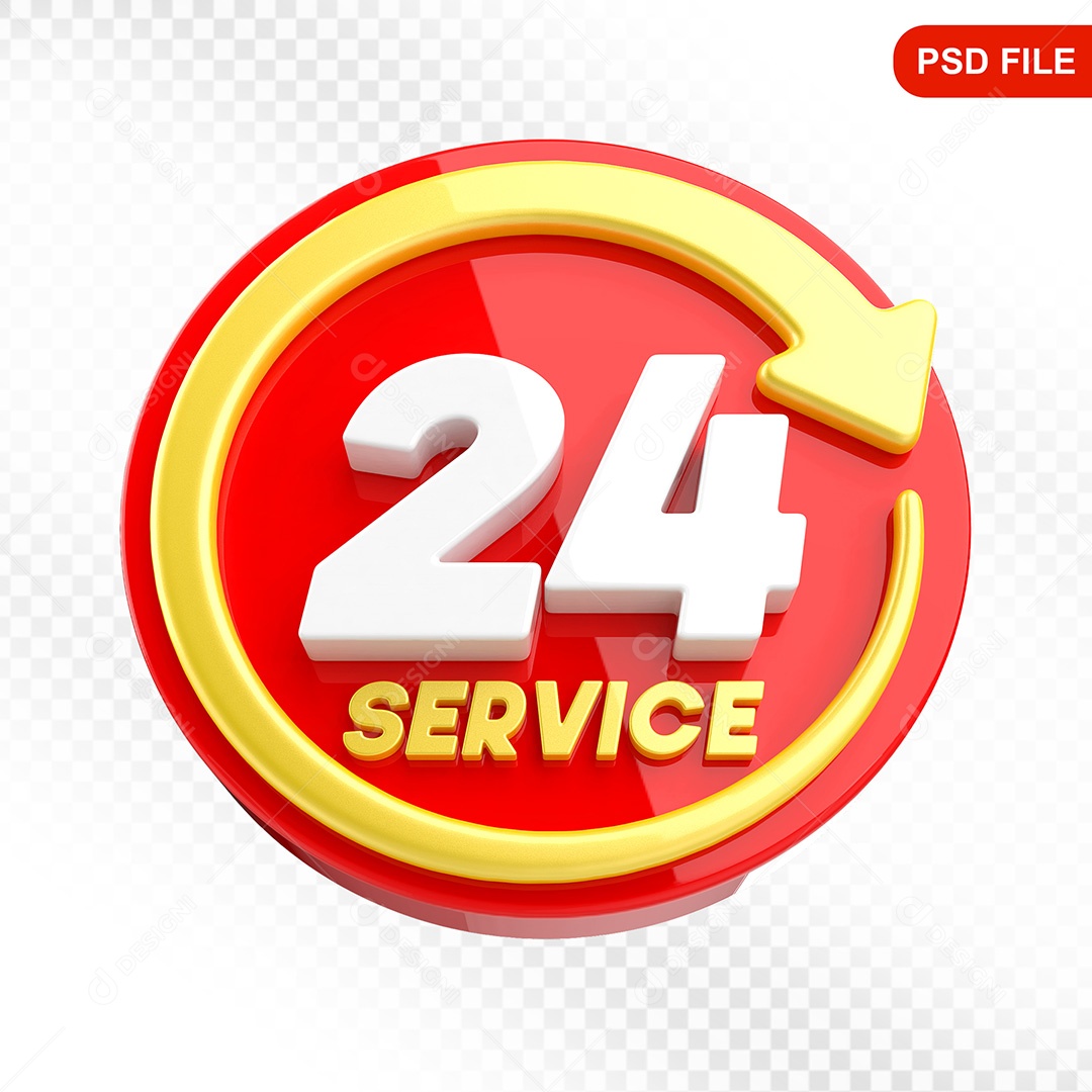 Elemento 3D Ícone Serviço 24 Horas Vermelho e Amarelo Para Composição PSD