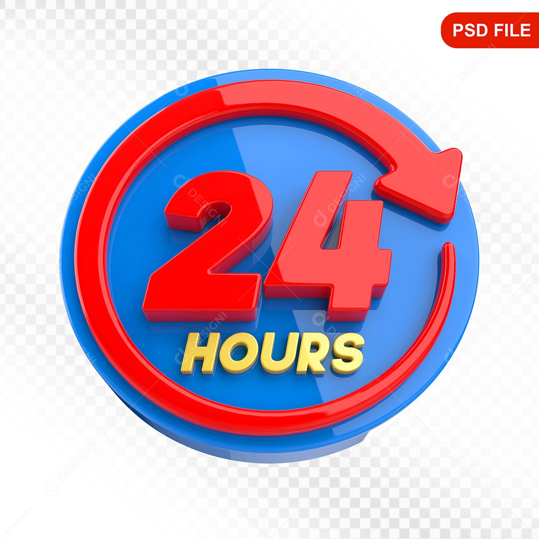 Elemento 3D Ícone Serviço 24 Horas Azul e Vermelho Para Composição PSD