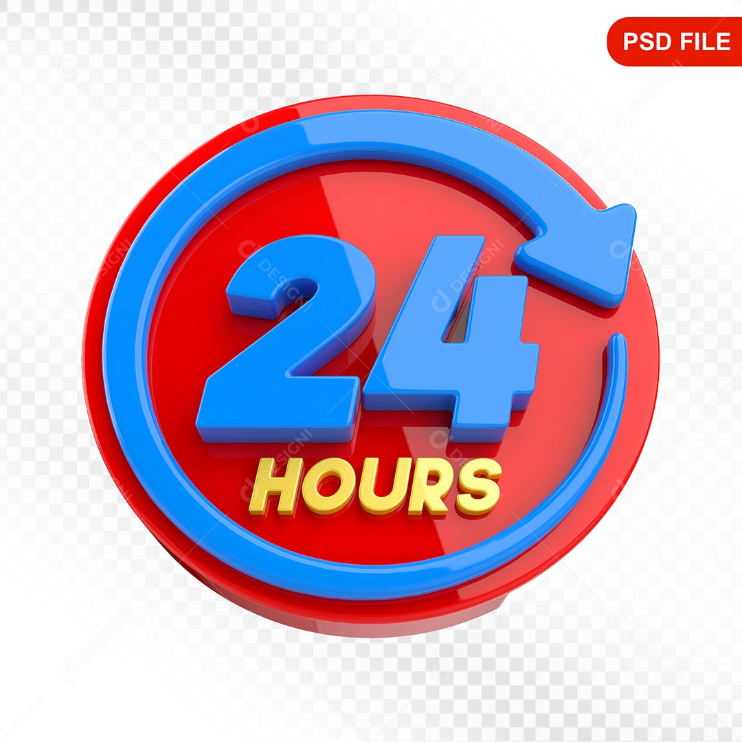Elemento 3D Ícone Serviço 24 Horas Vermelho e Azul Para Composição PSD