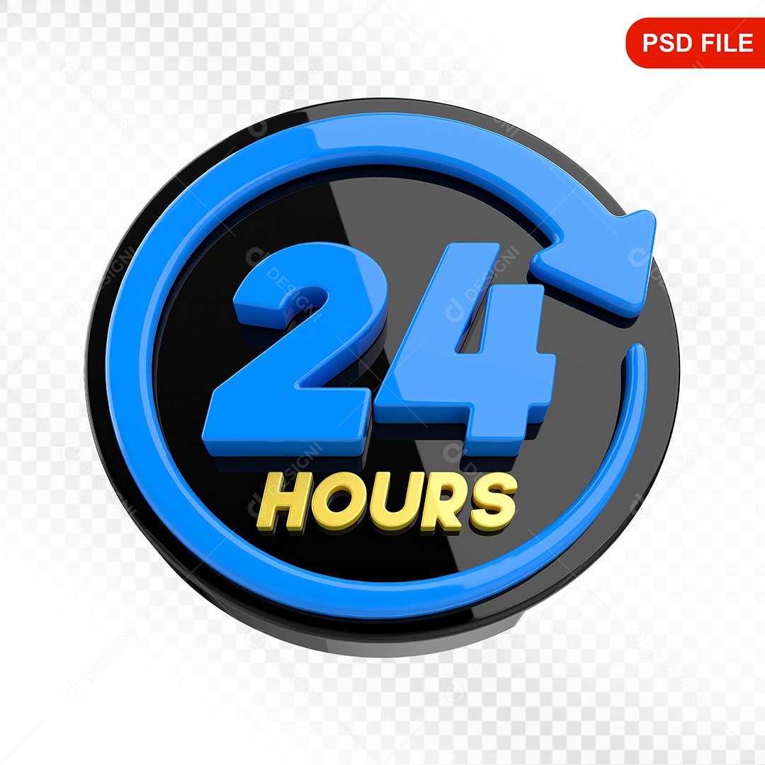 Elemento 3D Ícone Serviço 24 Horas Preto e Azul Para Composição PSD