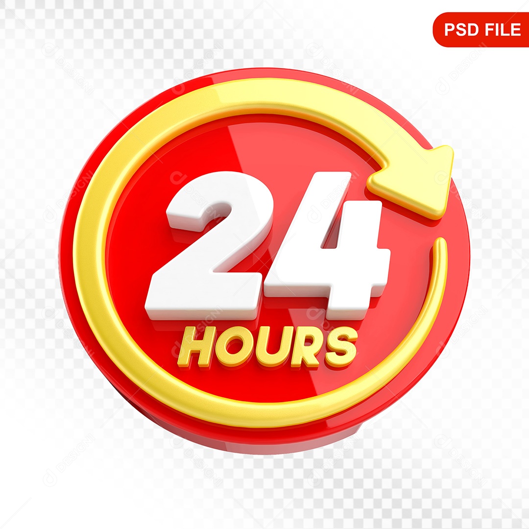 Elemento 3D Ícone Serviço 24 Horas Vermelho e Amarelo Para Composição PSD