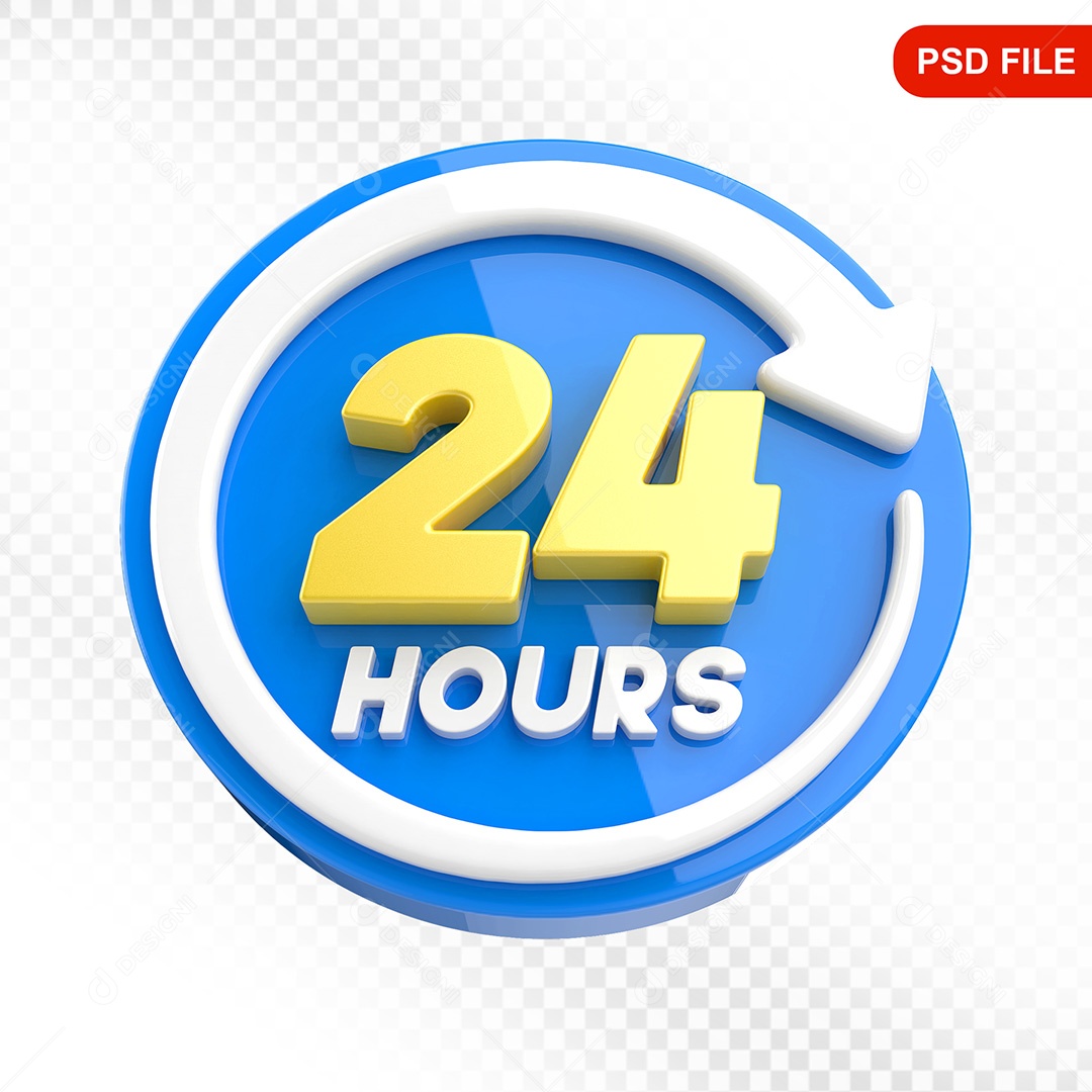 Elemento 3D Ícone Serviço 24 Horas Azul e Branco Para Composição PSD