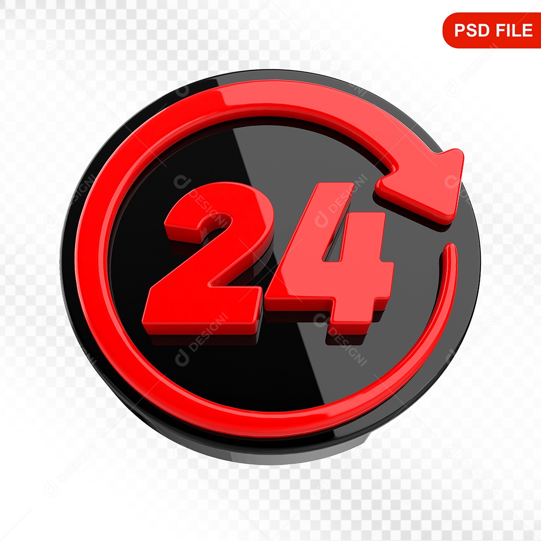 Elemento 3D Ícone Serviço 24 Horas Preto e Vermelho Para Composição PSD