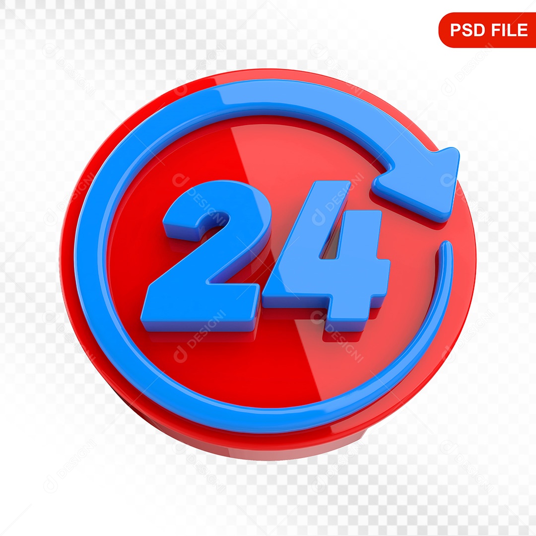 Elemento 3D Ícone Serviço 24 Horas Vermelho e Azul Para Composição PSD