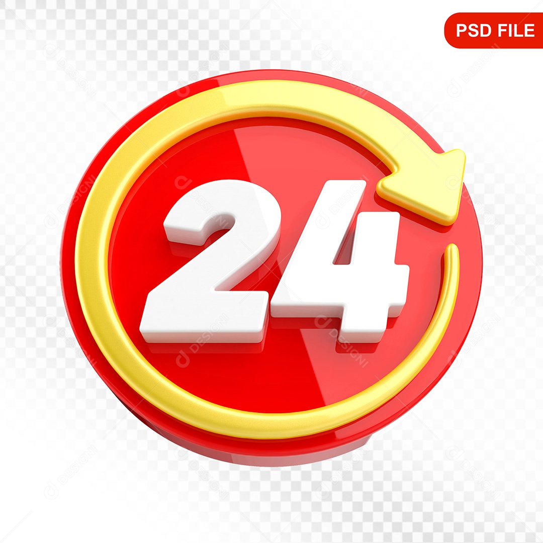 Elemento 3D Ícone Serviço 24 Horas Vermelho e Amarelo Para Composição PSD
