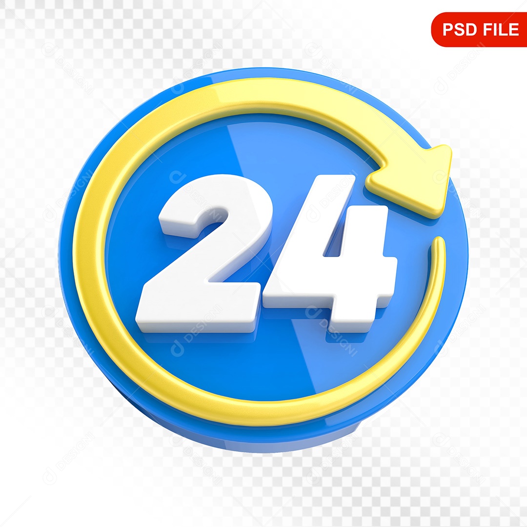 Elemento 3D Ícone Serviço 24 Horas Azul e Amarelo Para Composição PSD