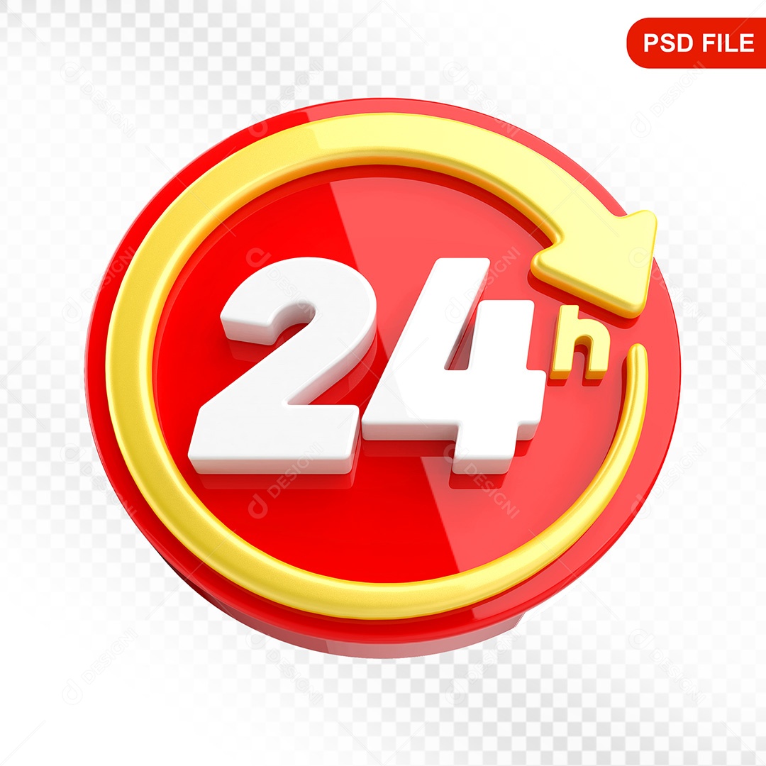 Elemento 3D Ícone Serviço 24 Horas Vermelho e Amarelo Para Composição PSD