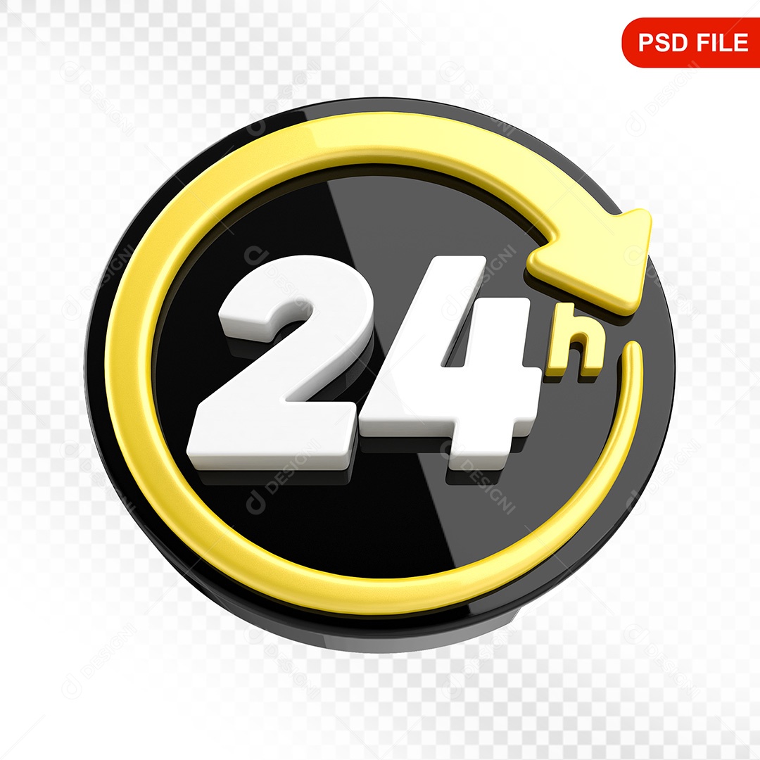 Elemento 3D Ícone Serviço 24 Horas Preto e Amarelo Para Composição PSD