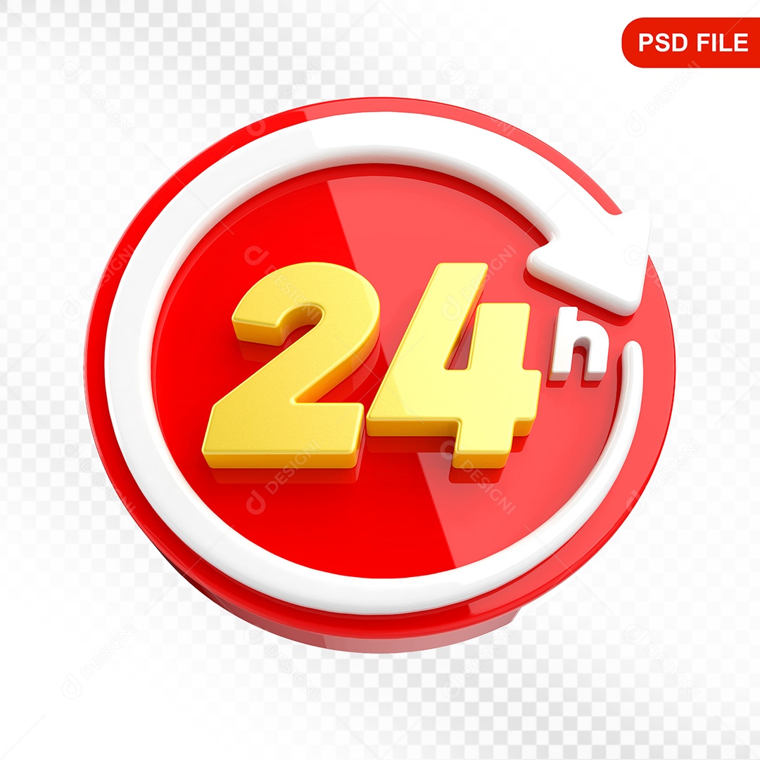 Elemento 3D Ícone Serviço 24 Horas Vermelho e Branco Para Composição PSD