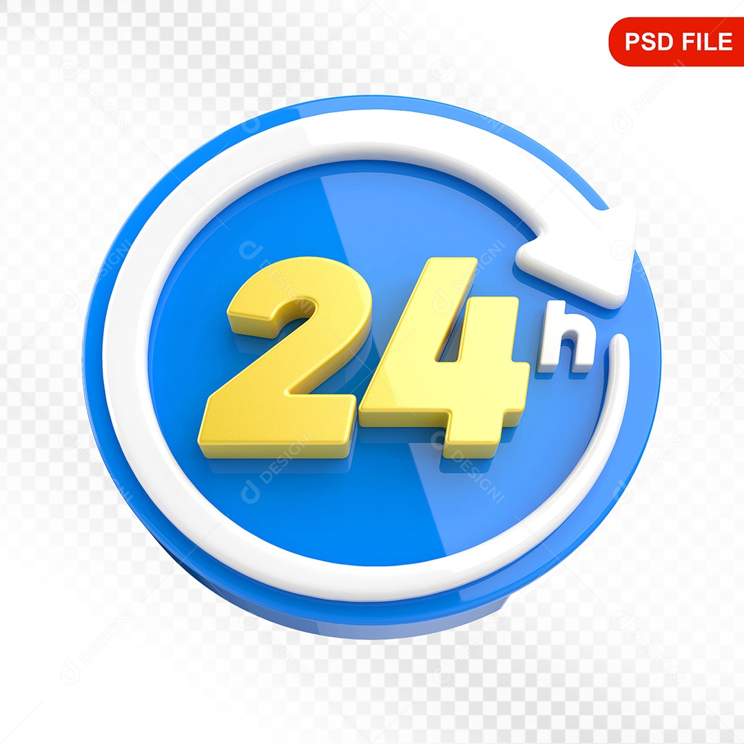 Elemento 3D Ícone Serviço 24 Horas Azul e Branco Para Composição PSD